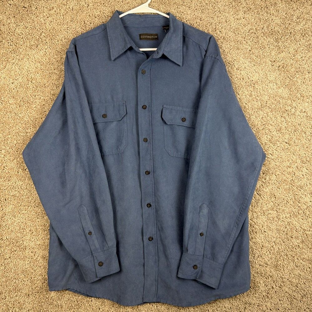 Covington Mens Long Sleeve Slate Blue Microfiber Button Down Shirt Size Large
